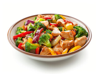 A plate of food with chicken, broccoli, and peppers
