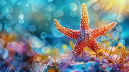 Starfish on the shore close up, focus on, copy space, vibrant colors, double exposure silhouette with marine life