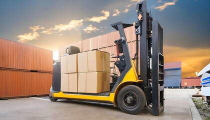 Forklift truck in warehouse or storage loading cardboard boxes.