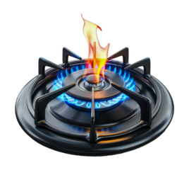 Gas burner with blue flame and safety grid, cut out - stock png.