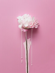 A single flower with dripping paint on a pastel pink background, rendered in a minimalistic, elegant style reminiscent