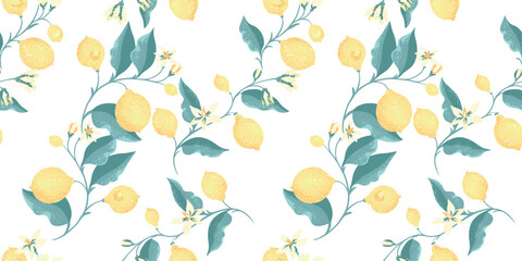 Blooming yellow lemons, on branch with leaves and buds flowers intertwined in a seamless pattern. Vector hand drawing. Abstract artistic citrus fruit repeated printing on a white background.