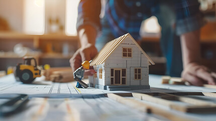 Obraz premium House in construction - project with brick and blueprint close up