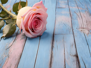 Pink rose on wooden background