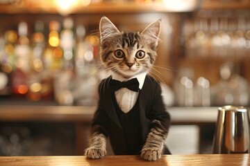 Cute cat in costume on blurred bar background