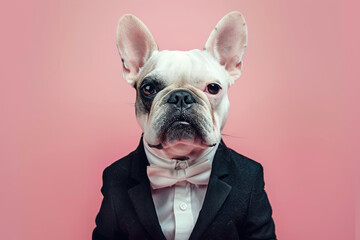 Cute dog in black suit on pink background