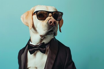 Cute labrador dog in modern tuxedo and sunglasses on blue background