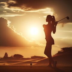 a silhouette of a woman playing golf with a ball and the sun behind her