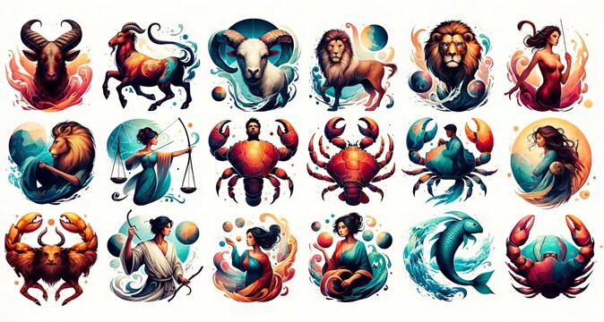 A vibrant collection of zodiac sign illustrations, each uniquely stylized and colorful. The icons are creatively designed, capturing the essence of each astrological symbol against a white background