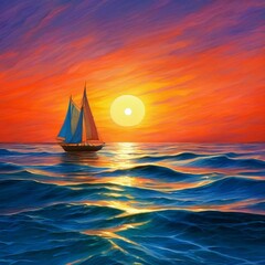 Fototapeta premium sailboat on the sea surface against the backdrop of sunset