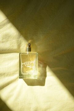 transparent perfume bottle on a green background, seen in sunlight and shadow