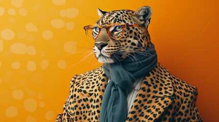 Confident leopard in a stylish suit and blue scarf posed against an orange-spotted background. Leopard man hipster dressed up in suit and scarf. Fashion animals, hipster animals.
