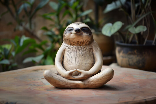 Meditating sloth animal figurine. Funny concept of relaxation and slow down.