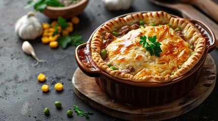 Tasty beef pot pie on color background