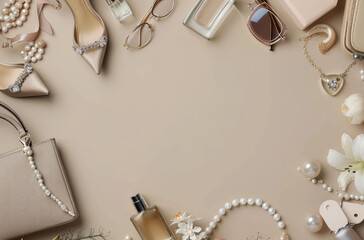 A flat lay composition featuring various women's accessories, including high heels and handbag on the left side of an empty beige background with space for text in the center