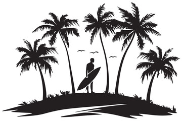 A man is standing on a beach with a surfboard under the words hello summer