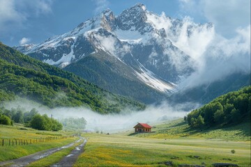 Idyllic Mountain Landscape with Misty Meadow