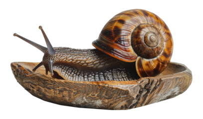 Single garden snail with detailed shell and body, cut out - stock png.