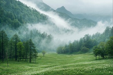 Naklejka premium Foggy Mountain Valley with Lush Foliage