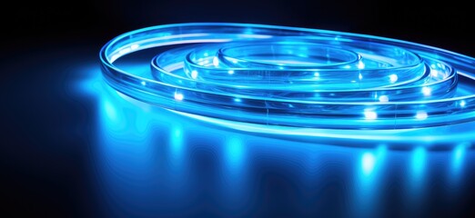 A blue lighted strip of LED lights. The strip is long and is lit up