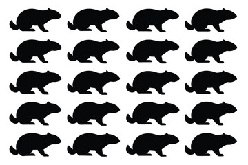 Set of Solid black outline beaver Silhouette Design with white Background and Vector Illustration