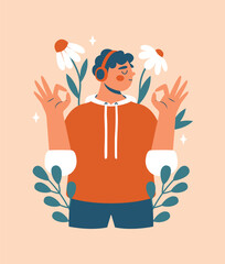 Young man listening music with earphones on head and showing OK gesture of hands. Abstract quirky person standing among plants, flowers, leaves. Music Lover concept. Cute boy in flat design.