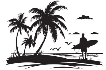 Black line art illustration of palm tree surfing man beach