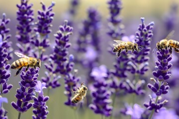 Close-up of honeybees collecting nectar from vibrant purple lavender flowers, showcasing the beauty of nature and the importance of pollinators.
