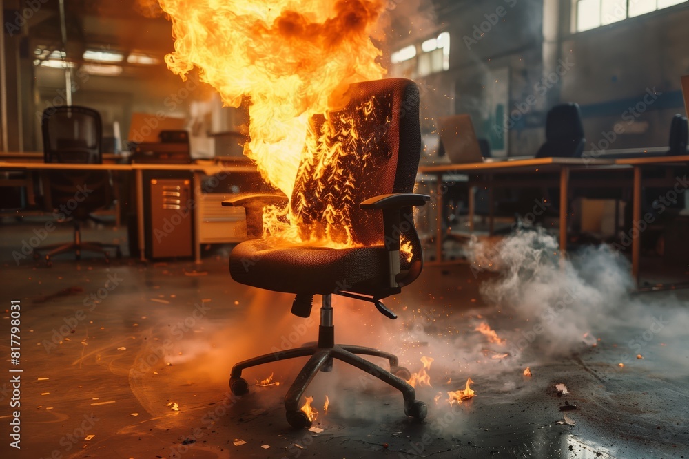 Sticker office chair engulfed in flames in a modern workspace, surrounded by smoke and debris. captures inte