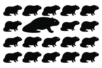 Set of Solid black outline beaver Silhouette Design with white Background and Vector Illustration