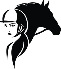 beautiful woman rider wearing helmet and horse silhouette head - female jockey representing equestrian sport black and white vector design
