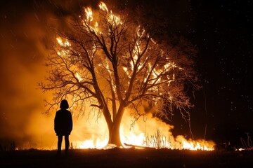 Silhouette of a person standing in front of a large tree on fire at night, with flames engulfing the branches and illuminating the scene in orange hues. - Powered by Adobe