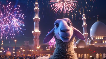 Cheerful Eid ul-Adha Sheep with Modern Saudi Mosque Celebration