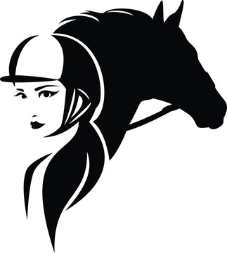 recommend clip art: beautiful woman rider wearing helmet and horse silhouette head - female jockey representing equestrian sport black and white vector design