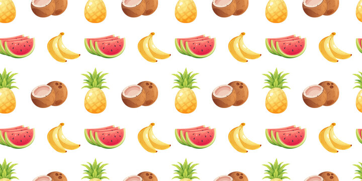 Fruity summer pattern. Seamless pattern with babanas, coconut, watermelon and pineapple on white background. Vector illustration