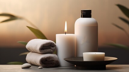 mockup of a cosmetic bottle with a blank label set in a serene spa environment. This mockup is ideal for beauty and skincare branding, featuring the bottle placed among spa elements