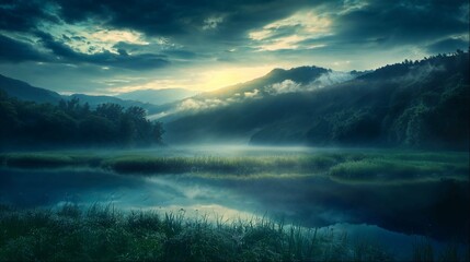 Mystical lake and mountains at dawn
