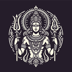 Vishnu sitting on lotus. Ink black and white doodle drawing in woodcut style with inscription.