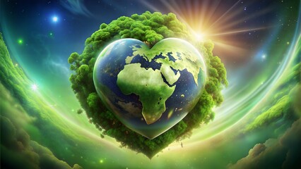 Abstract Artwork of Green Planet with Heart Center: An abstract representation of a green planet with a heart at its center, evoking themes of love for nature, environmental consciousness	
