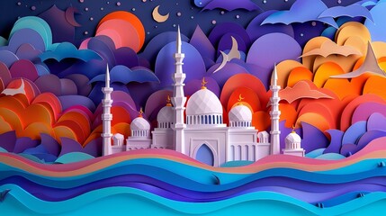 Layered Paper Art, Vibrant Eid ul-Adha Scene with Mosque and Crescent Moon