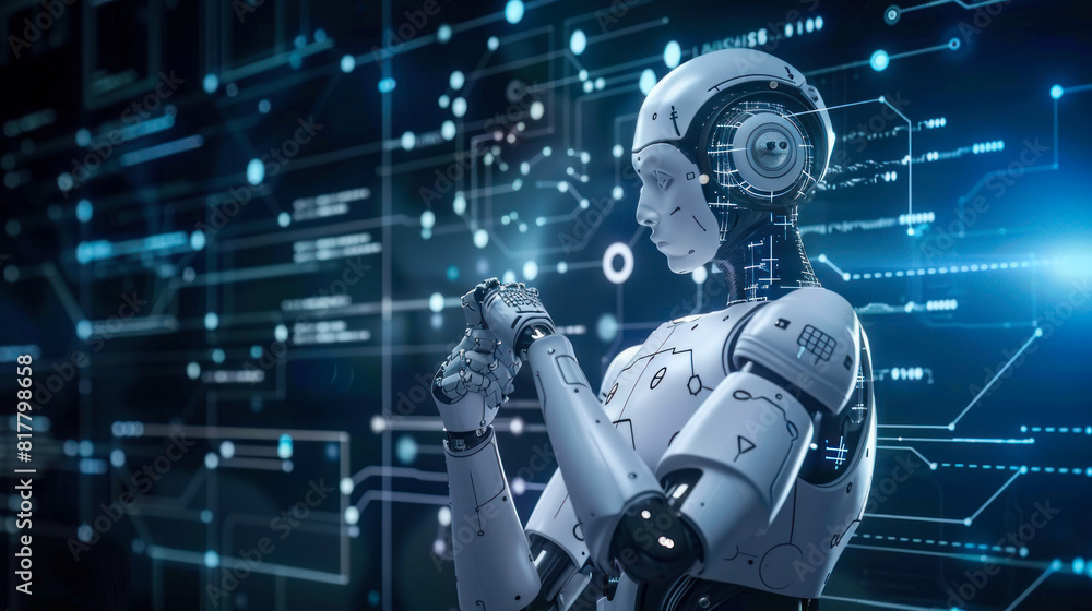 Poster robot with blurred human face analyzing data