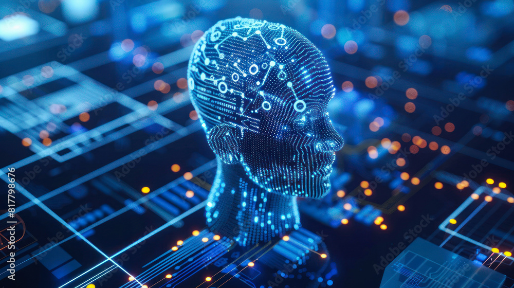 Poster digital human head with circuit patterns