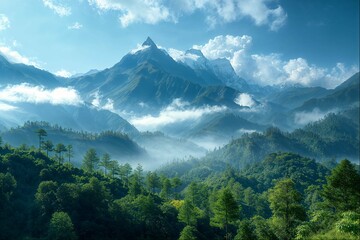 Majestic mountains with misty forests