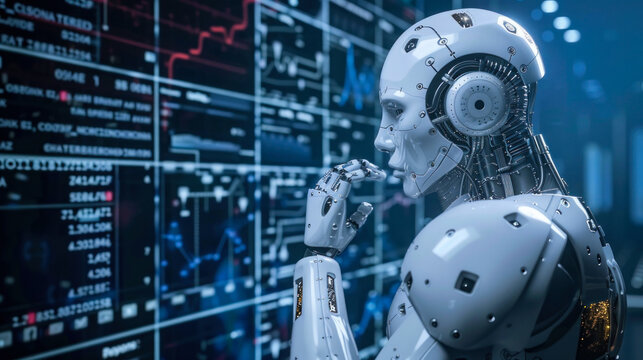 Robot analyzing stock market data on screens