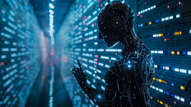 Silhouette of digital humanoid in data center