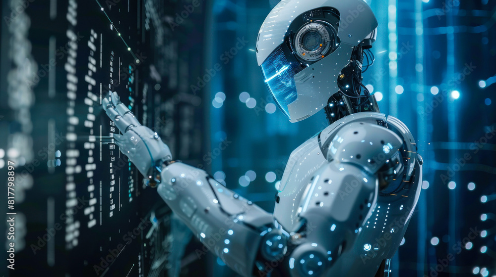 Poster futuristic robot touching digital interface