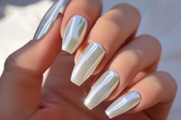 Close-up of a hand with long, shiny, metallic silver nails. The nails are impeccably manicured, reflecting light with a stylish mirror finish.