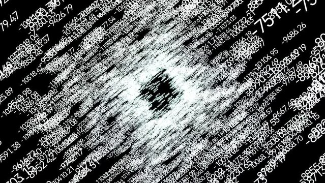 The numerical numbers text motion graphic animation of the flying through corridor as 3d modeling procedural geometric 10 thousands numerical numbers objects on the deep black background.