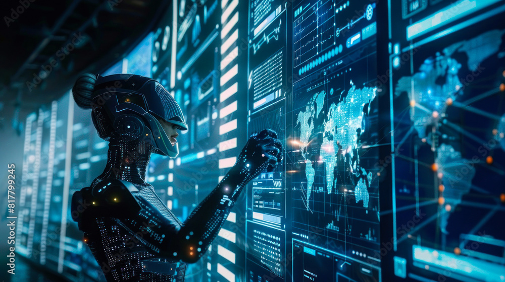 Poster cybernetic robot analyzing global data