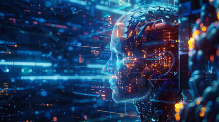 Obraz premium Futuristic AI face with technological circuits